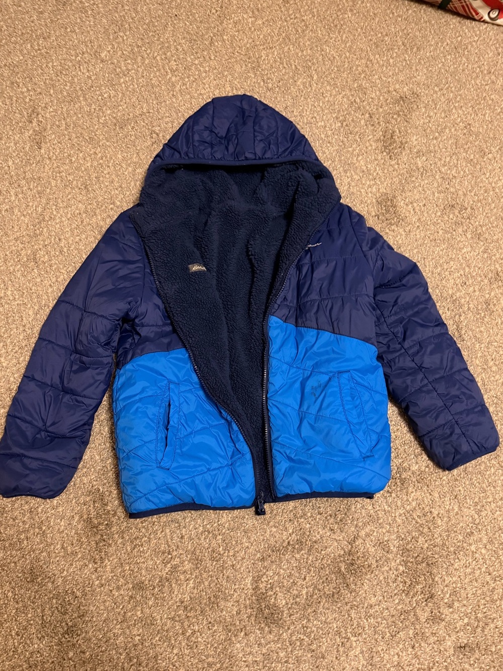 Eddie Bauer Kids Reversible Hooded Puffer Sherpa Jacket Blue Size 10/12